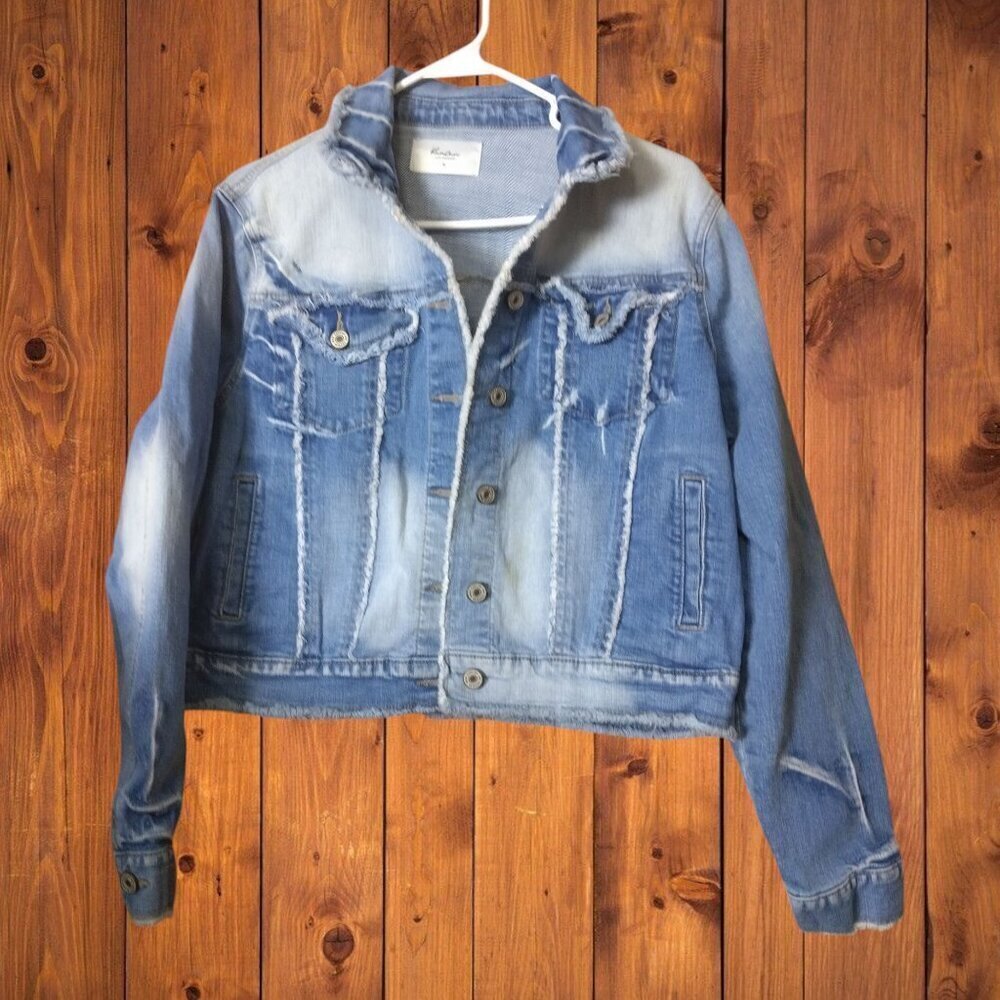 Kancan Size XL Distressed Raw Hem Button Front Jean Jacket Crop Denim Grunge